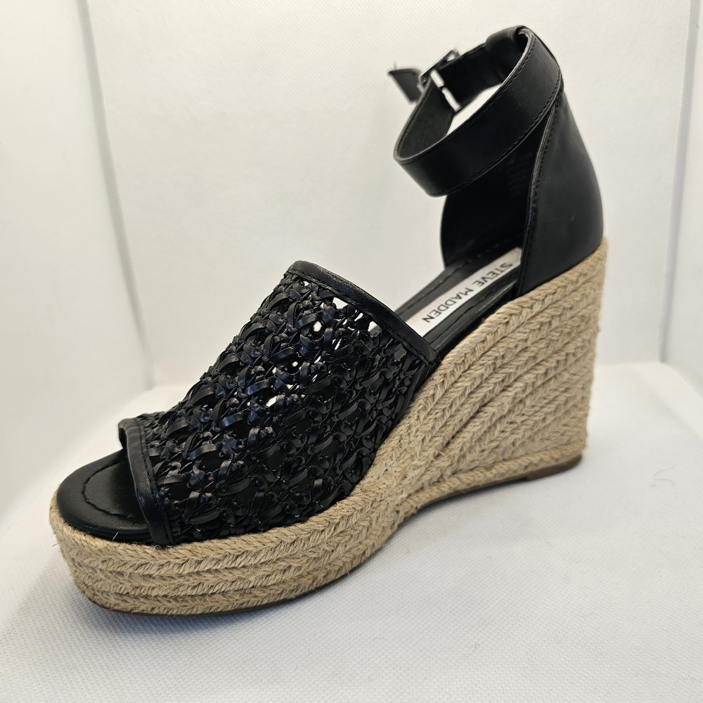 Steve Madden Joni wedge sandal shoes 6.5 heels black espadrilles open toe lace - Picture 9 of 11